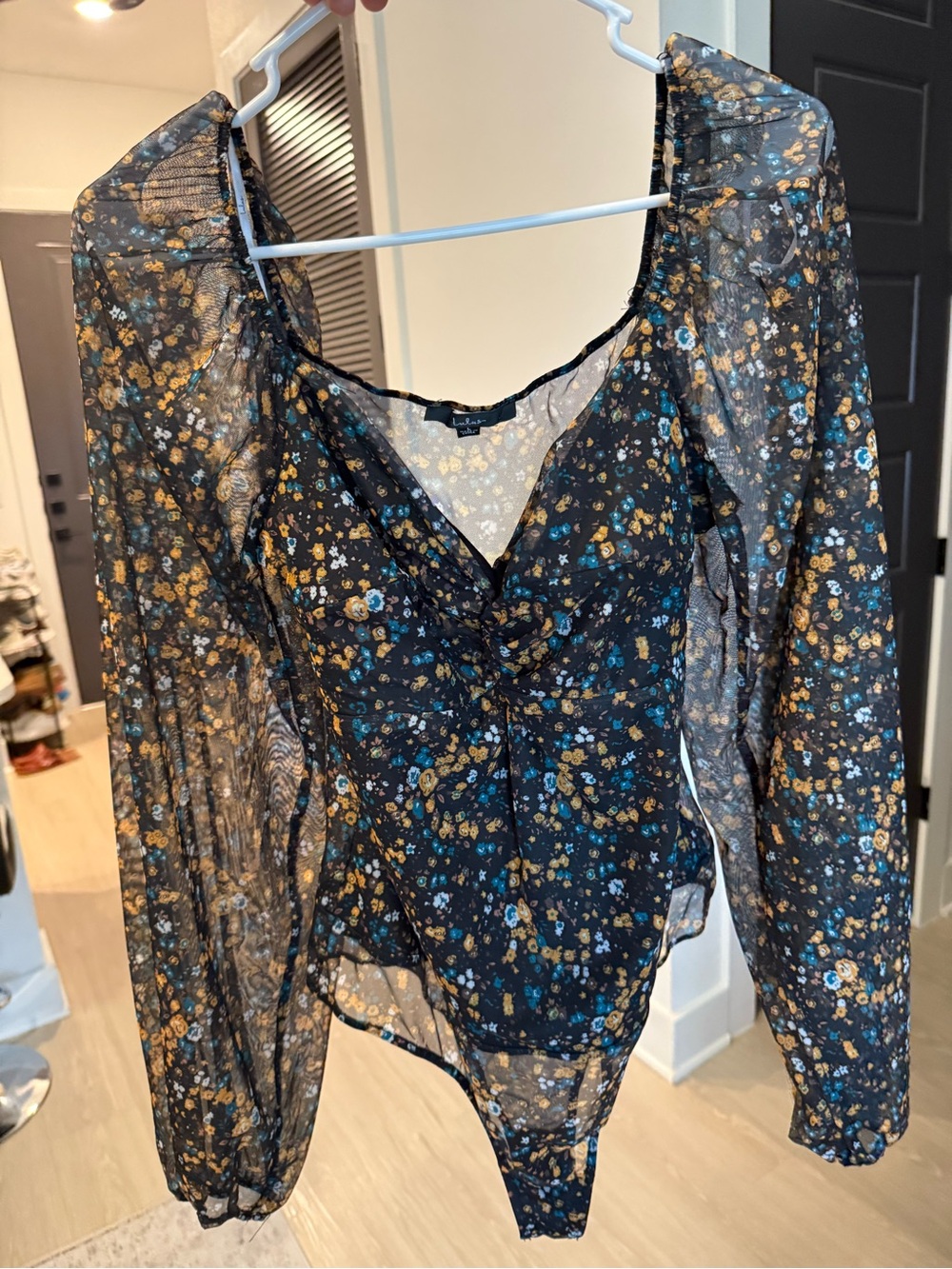 Lulu's Black Sheer Floral Long-Sleeve Bodysuit with Blue and Mustard Flowers